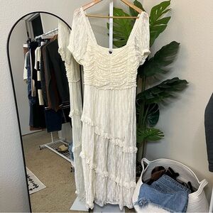 🤍✨American Eagle Ivory Floral Lace Ruched Maxi Dress Sz L | Lined Romper Shorts